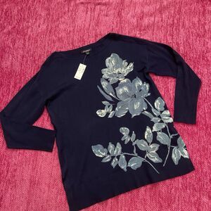 Roz & Ali Long Sleeve Lightweight Knit Floral Tunic Sweater Navy Blue Size Large